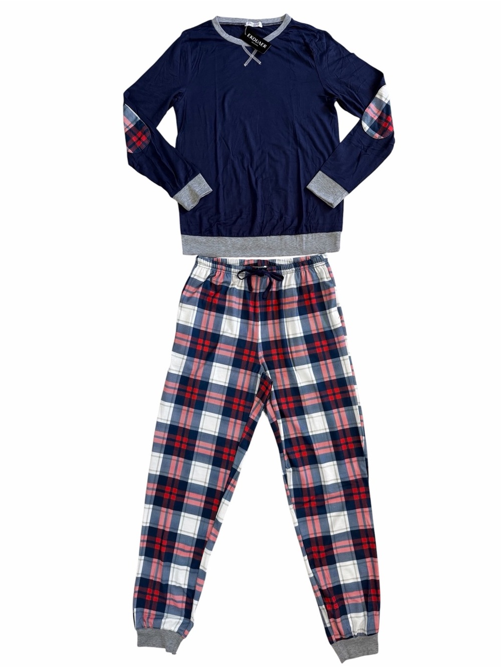Ekouaer Navy & Red Plaid Two-Piece Pajama Set Long Sleeve Top & Drawstring Pants